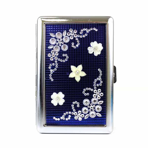 Floral Beaded Metal Cigarette Case - 100mm - Blue